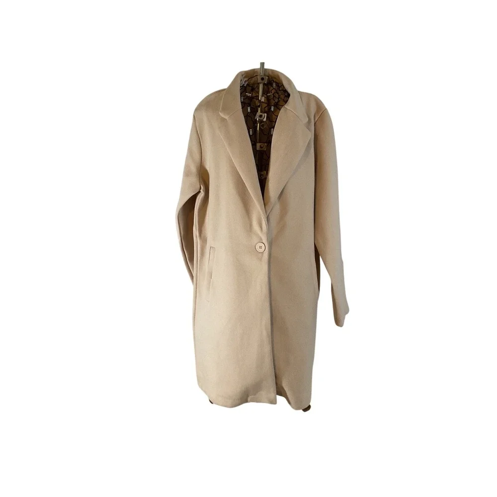 BEIGE Lapel‎ Long Sleeve Single Button Cozy Midi Coat Women Size L